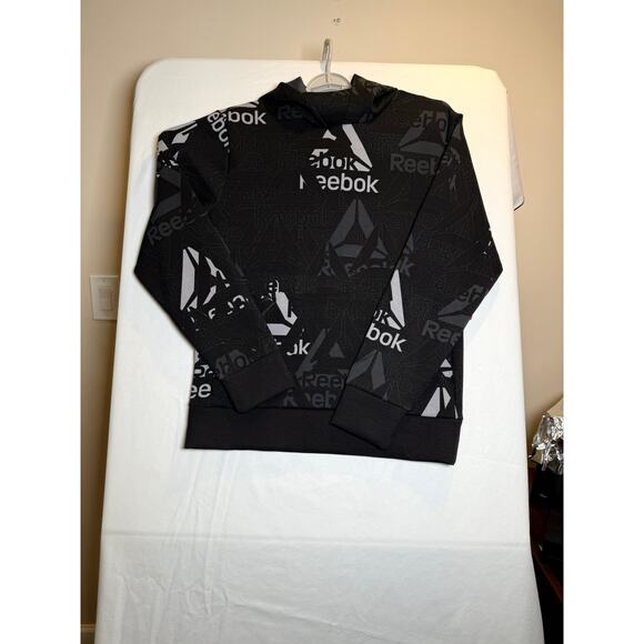 Reebok Men’s Black All Over Logo Hoodie Sweatshirt Pullover Size S Athletic - Picture 1 of 5